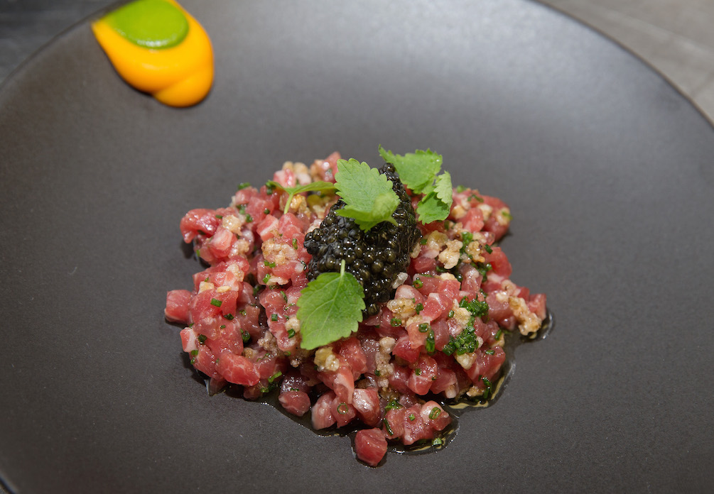 CHICAGO, IL - OCTOBER 10: Dry Aged Beef Tarter with black garlic, sorrel, oscetra caviar with Jack Daniel's Single Barrel Select, nebbiolo, pu-erh, bitters at the Sip, Summer, & Saber: A Culinary Event Series By The Jack Daniel's Single Barrel Collection on October 10, 2016 in Chicago, Illinois. (Photo by Tasos Katopodis/Getty Images for Jack Daniel's)