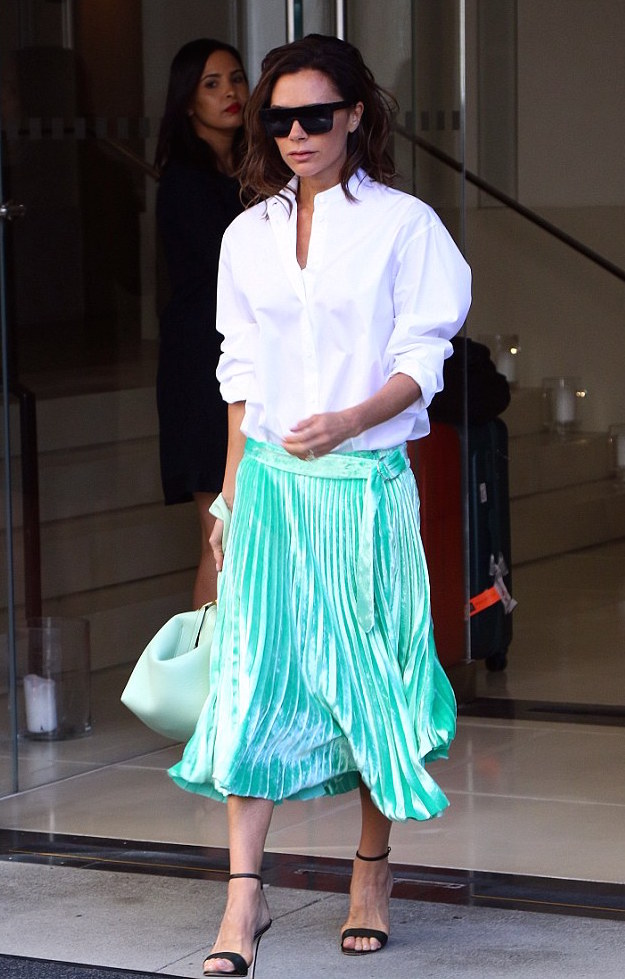 victoria-beckham-pleated-metallic-green-skirt
