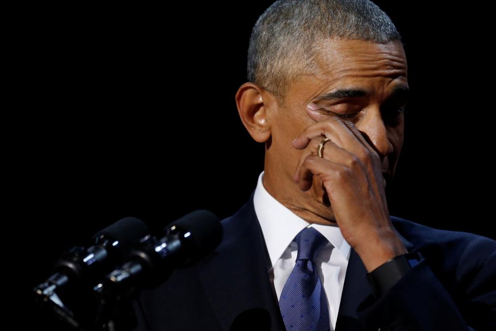 President Barack Obama wipes away tears as he delivers his farewell address in Chicago, Illinois. REUTERS/Jonathan Ernst