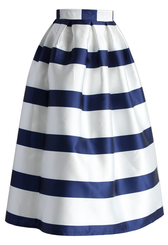 Stripes Full A-line Midi Skirt in Navy