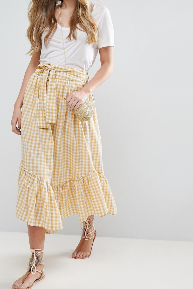 ASOS Midi Skirt in Gingham with Asymmetric Hem and Tie Waist