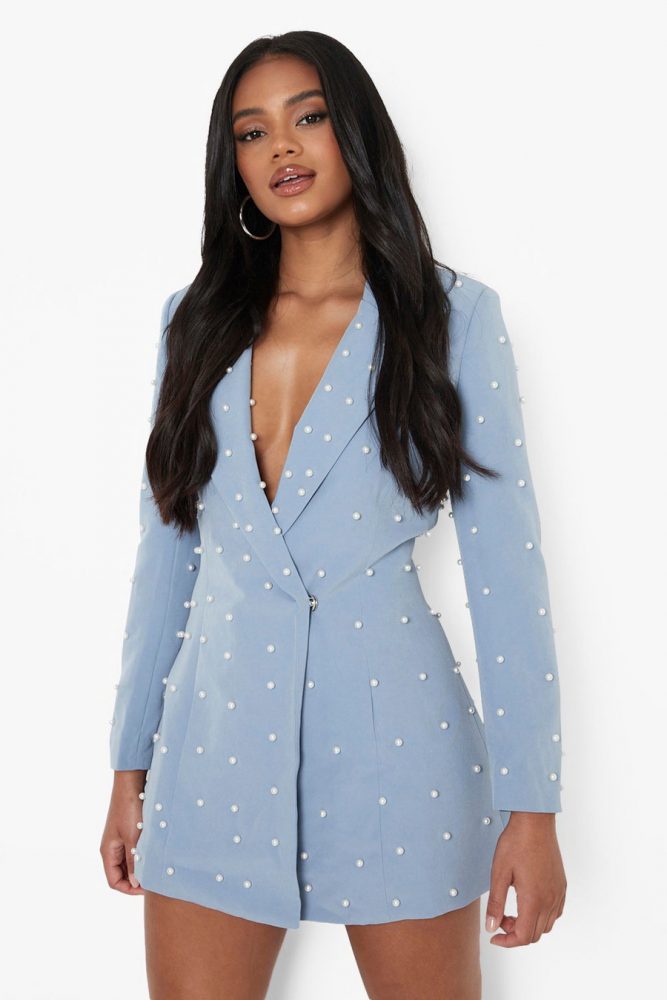 Boohoo Petite Pearl Blazer Dress-womens-powder blue-petite-pearl-detail-blazer-dress-20 Blazer Dresses To Shop For Fall