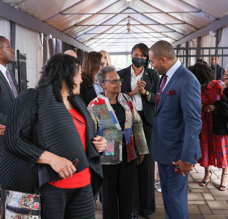 DuSable Museum Director Perri Irmer, Mayor Lori Ligthfoot, Gala Cochair Marc Brooks MCA Art Edge gala 2022 Nick Cave Jack Cave: The Color Is and Nick Cave: Forothermore