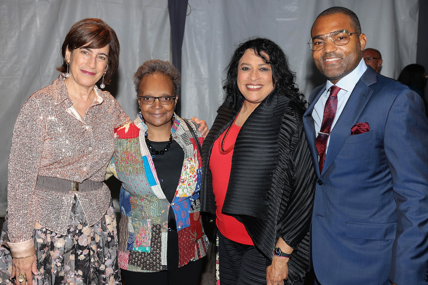 MCA Director Madeleine Grynsztejn, Mayor Lori Lightfoot, DuSable Museum Director Perri Irmer, Gala Cochair Marc Brooks MCA Art Edge gala 2022 Nick Cave Jack Cave: The Color Is and Nick Cave: Forothermore
