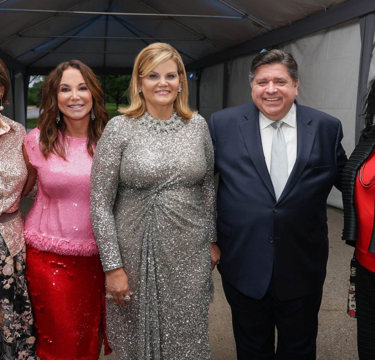 MCA Pritzker Director Madeleine Grynsztejn, MCA Board Chair Cari Sacks, Illinois First Lady Mary Kathryn Muenster, Illinois Governor JB Pritzker, DuSable Museum Director Perri Irmer-MCA Art Edge gala 2022 Nick Cave Jack Cave: The Color Is and Nick Cave: Forothermore