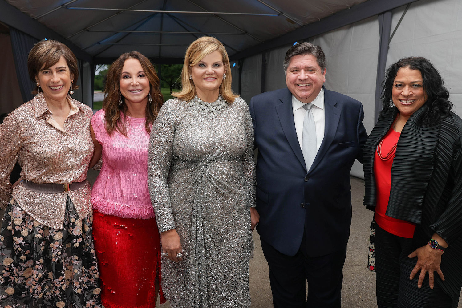 MCA Pritzker Director Madeleine Grynsztejn, MCA Board Chair Cari Sacks, Illinois First Lady Mary Kathryn Muenster, Illinois Governor JB Pritzker, DuSable Museum Director Perri Irmer-MCA Art Edge gala 2022 Nick Cave Jack Cave: The Color Is and Nick Cave: Forothermore