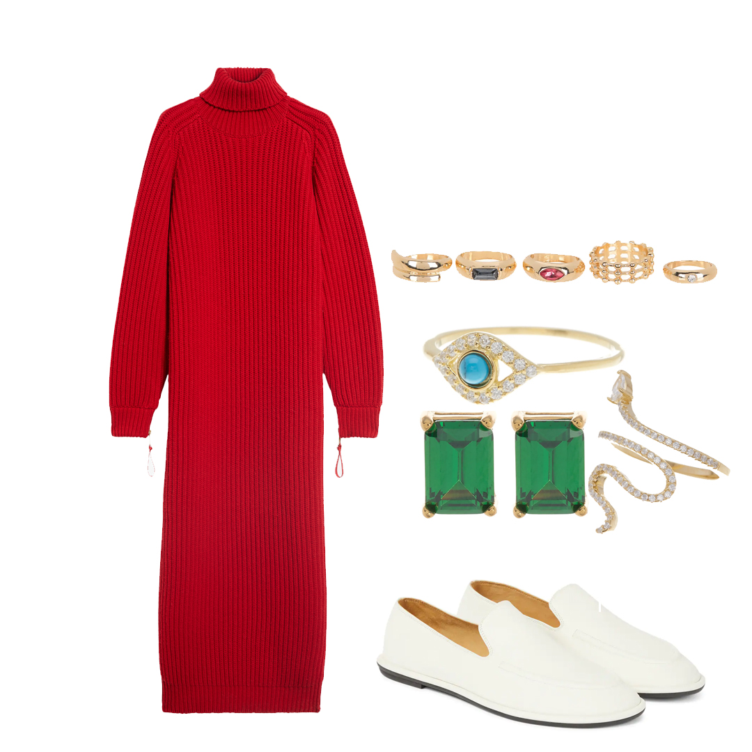 Thanksgiving outfit ideas inspiration, Max Mara riviera dress, The Row loafers, nordstrom rack, ring stack