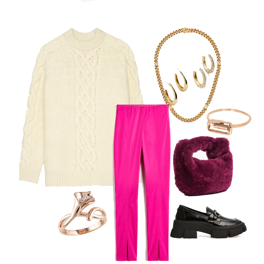 Thanksgiving outfit ideas inspiration, Bottega Veneta Jodie shearling plum bag, zara raided cable knit wool sweater, steve madden platform loafers, gucci necklace, rings