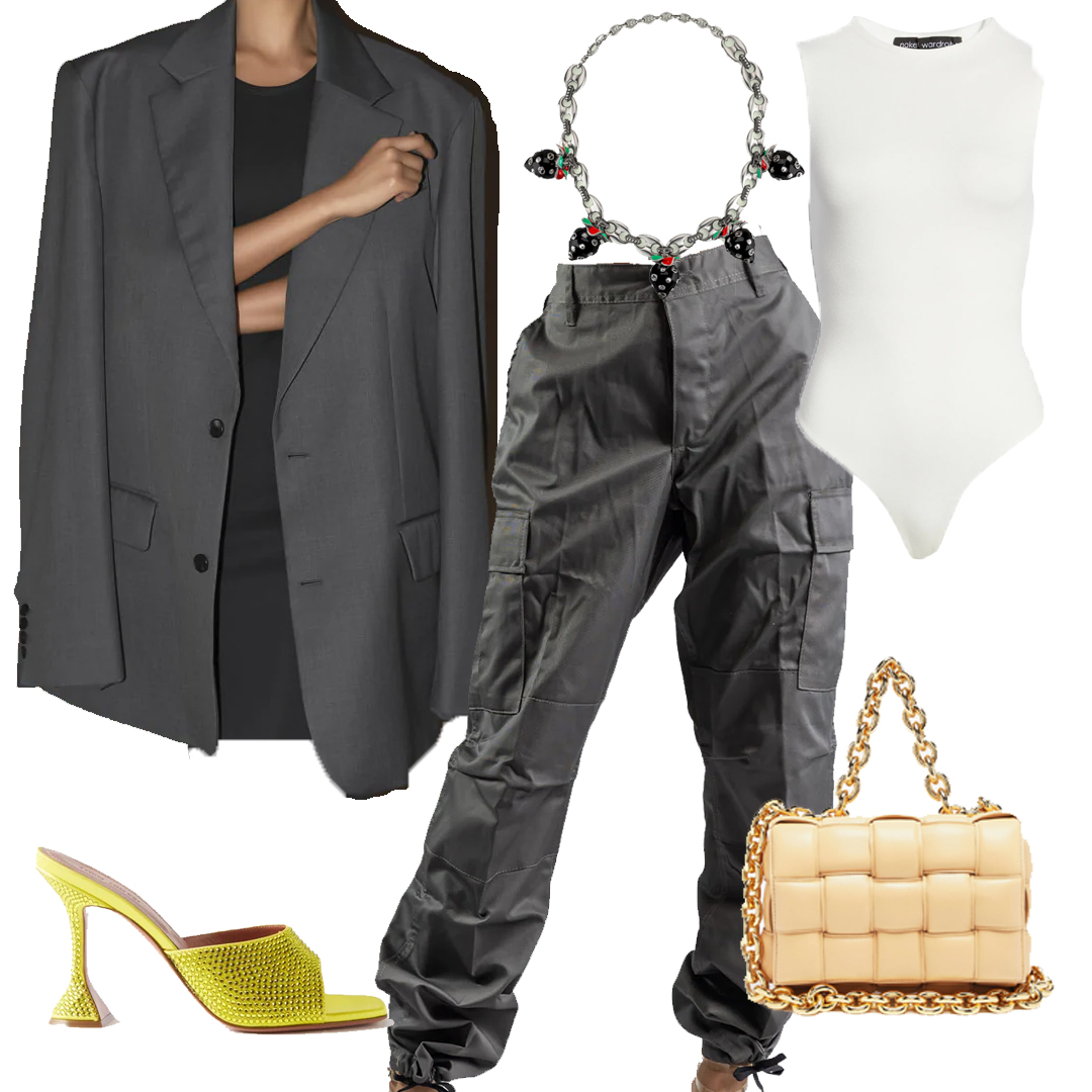 Thanksgiving outfit ideas inspiration Coal and Terry cargo pants, bottega veneta bag, amina muaddi slippers, naked wardrobe bodysuit, gucci strawberry pendant necklace, The Frankie shop Dee max oversized blazer