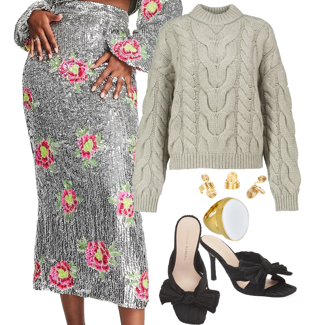 Thanksgiving outfit ideas inspiration, asos floral SEQUIN Skirt, brunello cucinelli cable knit sweater, loeffler randall heel slippers, kenneth jay lane cocktail ring, bauble bar rings