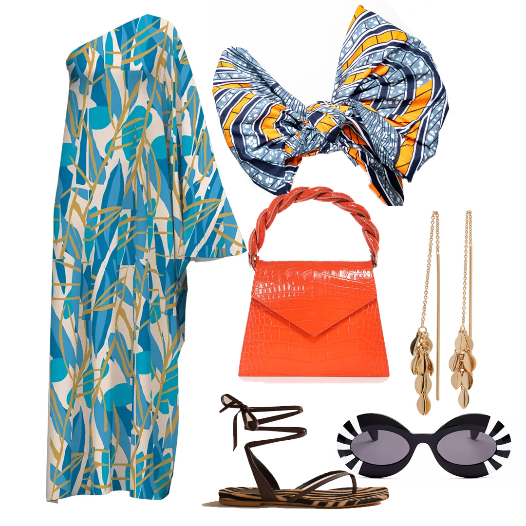 Thanksgiving outfit ideas inspiration Diarrablu one shoulder dress, anima Iris zaza bag, ofuure head wrap, brother bellies sandals, loewe sunglasses, isabel marant earrings