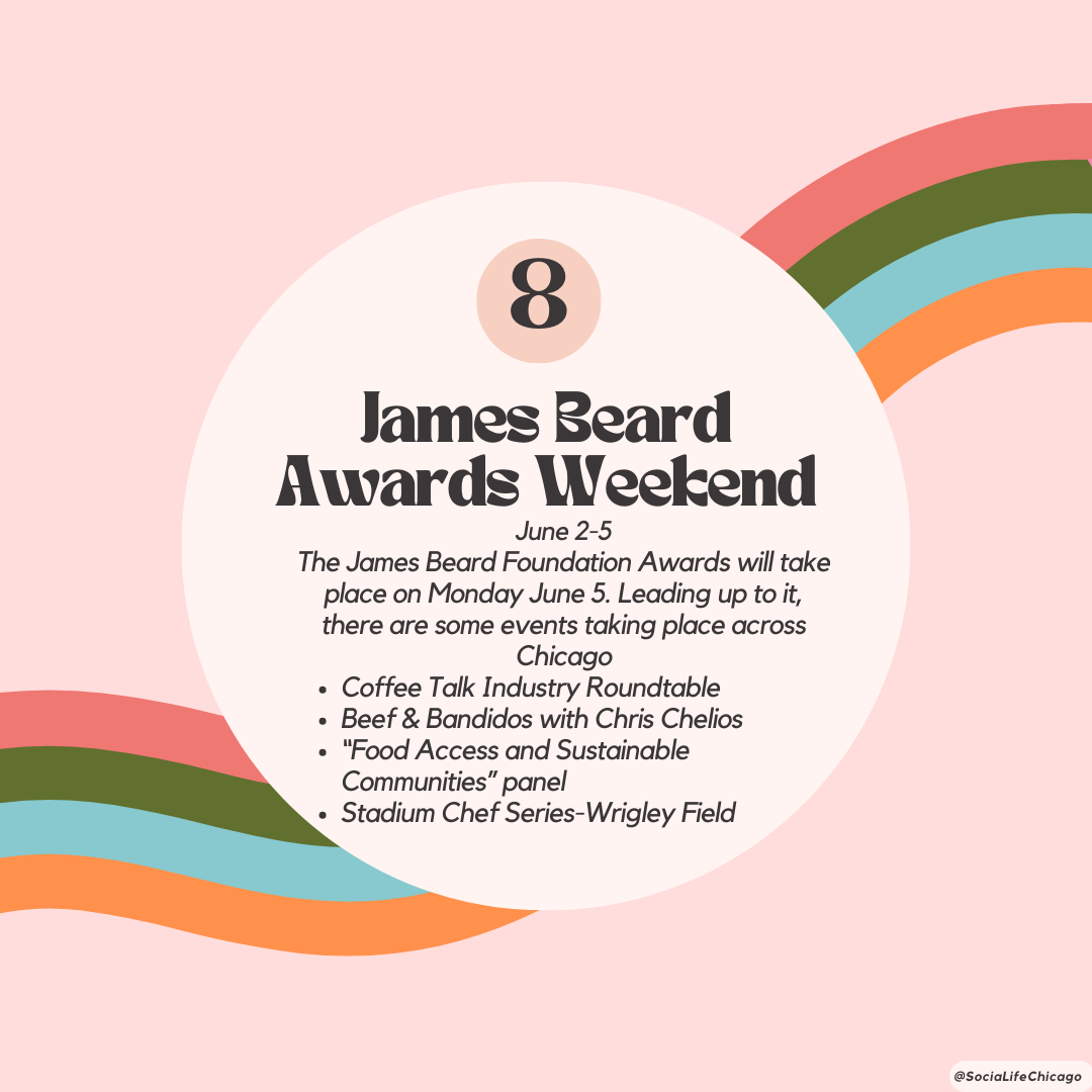 photo of what to do this weekend in Chicago set to a pink backdrop with colorful ribbons, the text reads James Beard Foundation Awards Weekend.
