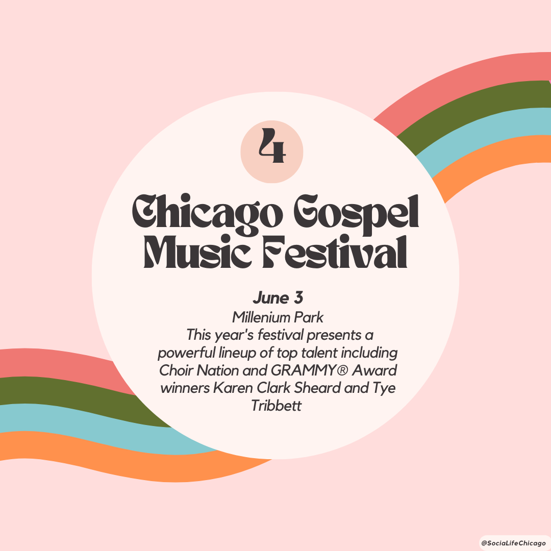 photo of what to do this weekend in Chicago set to a pink backdrop with colorful ribbons, the text reads Chicago Gospel Music Festival 